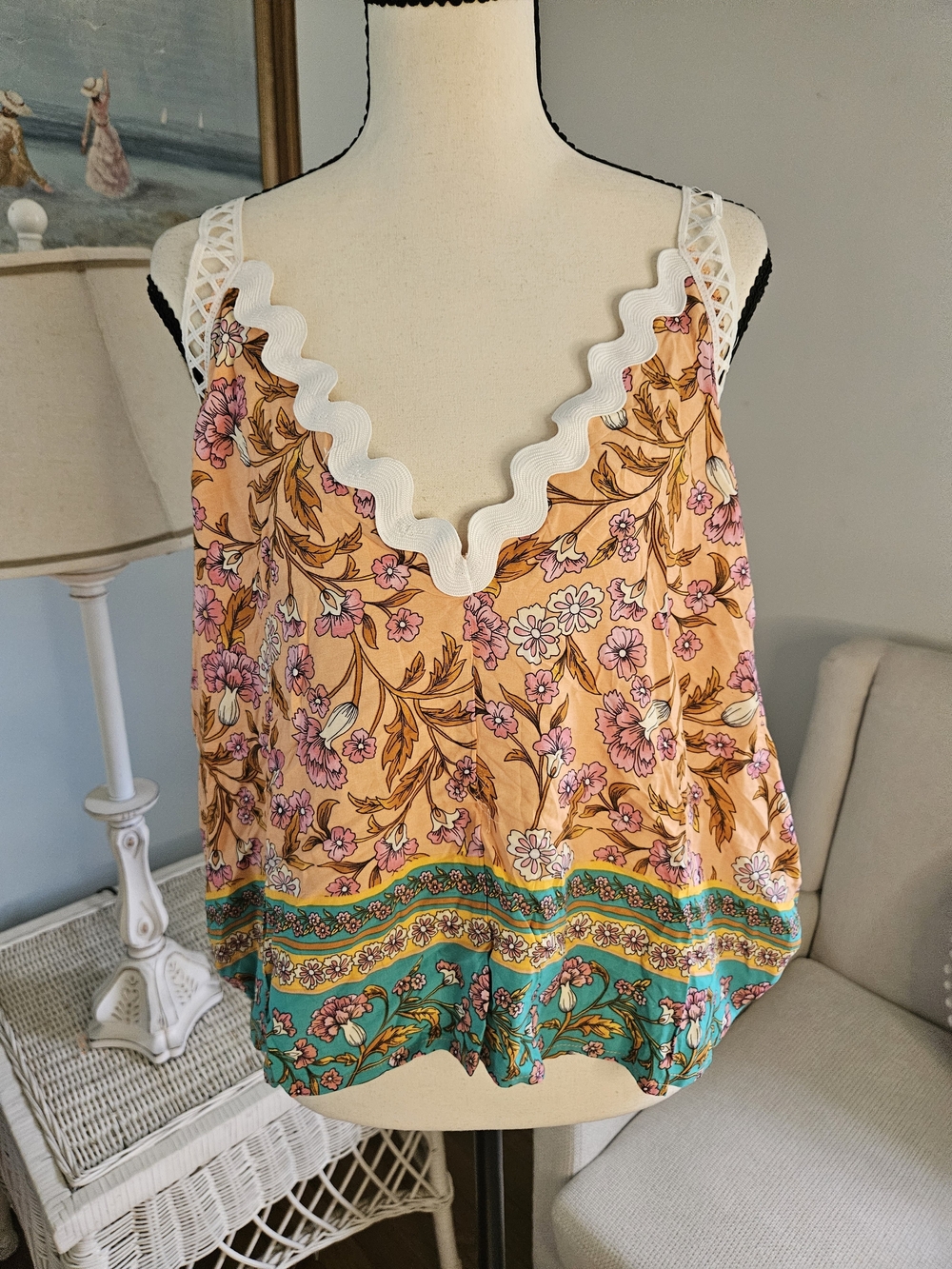 Floral Peach & Teal Sleeveless V-Neck Women’s Top